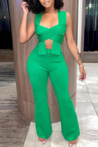 Fluorescent Green Sexy Solid Split Joint Asymmetrical With Bow Sleeveless Two Pieces