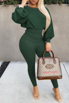 Ink Green Casual Solid Split Joint O Neck Long Sleeve Two Pieces