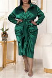 Green Fashion Casual Solid With Belt Turndown Collar Long Sleeve Plus Size Dresses