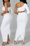 White Sexy Solid Hollowed Out Patchwork Asymmetrical Oblique Collar Long Sleeve Two Pieces