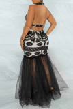 Black Fashion Patchwork Print See-through Backless Halter Evening Dress Dresses
