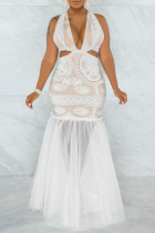 Cream White Fashion Patchwork Print See-through Backless Halter Evening Dress Dresses