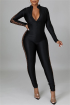 Black Fashion Casual Print Split Joint Zipper Collar Skinny Jumpsuits
