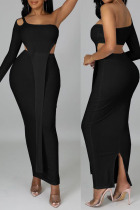 Black Sexy Solid Hollowed Out Split Joint Asymmetrical Oblique Collar Long Sleeve Two Pieces