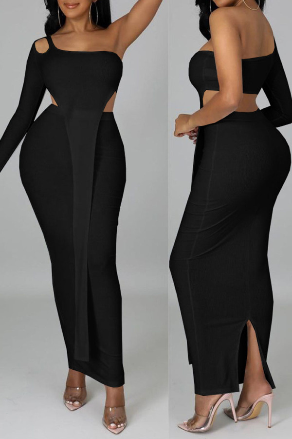 Black Sexy Solid Hollowed Out Patchwork Asymmetrical Oblique Collar Long Sleeve Two Pieces