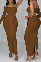Dark Brown Sexy Solid Hollowed Out Split Joint Asymmetrical Oblique Collar Long Sleeve Two Pieces
