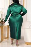 Green Fashion Casual Solid With Belt Turndown Collar Long Sleeve Plus Size Dresses