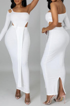 White Sexy Solid Hollowed Out Split Joint Asymmetrical Oblique Collar Long Sleeve Two Pieces