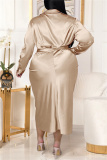 Champagne Fashion Casual Solid With Belt Turndown Collar Long Sleeve Plus Size Dresses