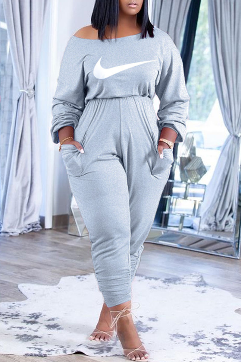 

Baby Blue Fashion Casual Print Split Joint Oblique Collar Jumpsuits