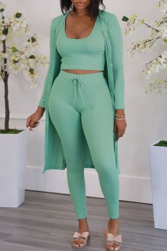 Grass Green Fashion Casual Solid Cardigan Vests Pants O Neck Long Sleeve Three-piece Set