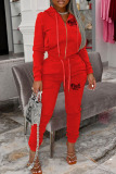 Red Casual Solid Embroidered Patchwork Hooded Collar Long Sleeve Two Pieces