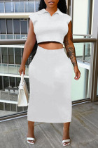 White Casual Solid Split Joint Turndown Collar Short Sleeve Two Pieces
