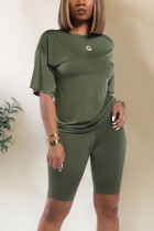 Army Green Fashion Casual Short Sleeve Two-piece Set