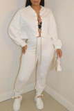 White Sexy Solid Patchwork Chains Asymmetrical Long Sleeve Two Pieces