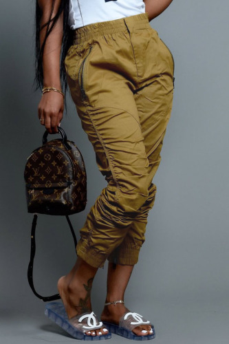 Khaki Casual Street Solid Patchwork Fold Zipper Regular High Waist Pencil Solid Color Bottoms