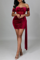 Burgundy Fashion Sexy Patchwork See-through Backless Off the Shoulder Short Sleeve Dress