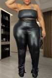 Black Sexy Solid Patchwork Strapless Plus Size Two Pieces