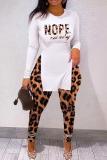 White Casual Letter Print Patchwork Slit O Neck Long Sleeve Two Pieces