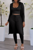 Black Fashion Casual Solid Cardigan Vests Pants O Neck Long Sleeve Three-piece Set