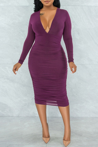 Purple Sexy Solid Patchwork V Neck One Step Skirt Dresses