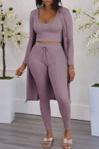 Pink Purple Fashion Casual Solid Cardigan Vests Pants O Neck Long Sleeve Three-piece Set