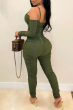 Olive Green Sexy Solid Patchwork Fold Spaghetti Strap Regular Jumpsuits