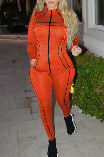 Orange Casual Sportswear Solid Patchwork Zipper Collar Long Sleeve Two Pieces