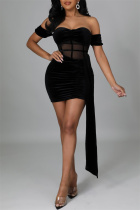 Black Fashion Sexy Patchwork See-through Backless Off the Shoulder Short Sleeve Dress