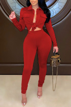 Red Casual Solid Split Joint Buckle Turndown Collar Long Sleeve Two Pieces