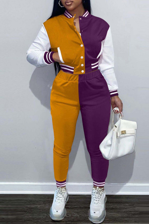 Yellow Purple Fashion Casual Solid Patchwork Long Sleeve Two Pieces