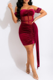 Burgundy Fashion Sexy Patchwork See-through Backless Off the Shoulder Short Sleeve Dress
