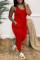 Rose Red Fashion Casual Solid Basic O Neck Regular Jumpsuits