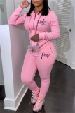 Pink Fashion Casual Letter Print Patchwork Hooded Collar Long Sleeve Two Pieces