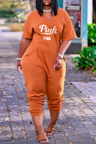 Orange Fashion Casual Letter Print Basic V Neck Boot Cut Jumpsuits
