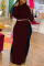 Burgundy Solid Split Joint Slit Turtleneck Straight Dresses