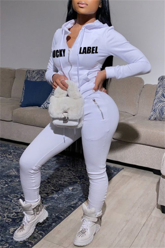 White Fashion Casual Letter Print Patchwork Hooded Collar Long Sleeve Two Pieces