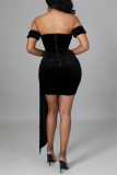 Black Fashion Sexy Patchwork See-through Backless Off the Shoulder Short Sleeve Dress