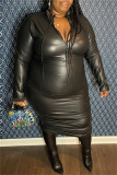 Black Fashion Casual Solid Basic Zipper Collar Long Sleeve Plus Size Dresses