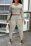 Grey Casual Solid Patchwork Fold Zipper Hooded Collar Long Sleeve Two Pieces