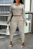 Grey Casual Solid Split Joint Fold Zipper Hooded Collar Long Sleeve Two Pieces