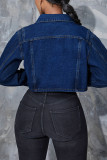 Deep Blue Fashion Casual Solid Split Joint Cardigan Turndown Collar Long Sleeve Regular Denim Jacket