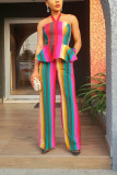 Multicolor Rainbow Stripe Printed Ruffled Two-piece Set
