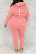 Pink Fashion Casual Print Basic Hooded Collar Plus Size Two Pieces