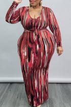 Red Fashion Casual Print Basic U Neck Long Sleeve Plus Size Dresses