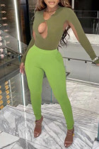 Green Sexy Casual Solid Hollowed Out V Neck Long Sleeve Two Pieces