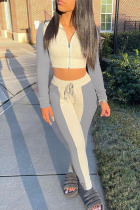 Grey Casual Solid Patchwork Zipper Zipper Collar Long Sleeve Two Pieces