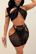 Black Sexy Patchwork Hollowed Out See-through Backless Turtleneck Sleeveless Three-piece Set