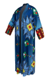Blue Sexy Print Patchwork Plus Size Overcoat