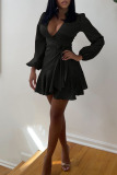 Black Casual Sweet Solid Patchwork Knotted Asymmetrical V Neck A Line Dresses